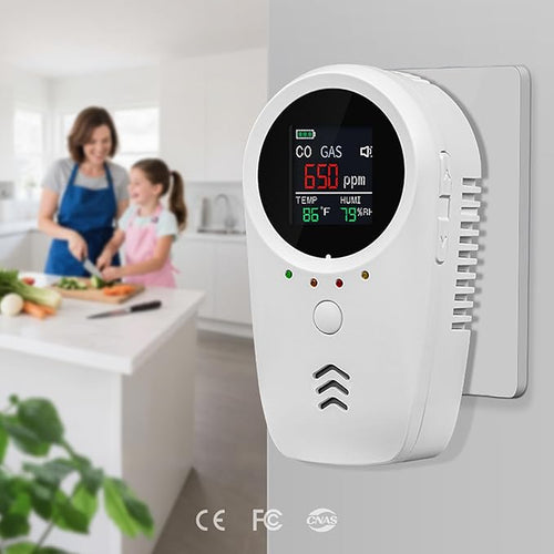 2PCS 5-in-1 Rechargeable Carbon Monoxide & Natural Gas Detectors with Temperature/Humidity LCD Display & 2000mAh Lithium-ion Battery, Portable Plug in Co Detector for Home Travel RV Essentials