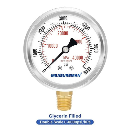 MEASUREMAN 2-1/2" Dial Size, Glycerin Filled Pressure Gauge, 0-6000psi/kpa - Image 3