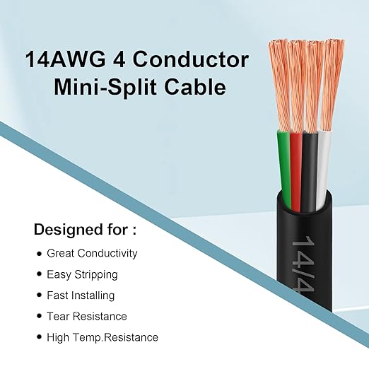 MOOKEERF 14/4 AWG Mini-Split Cable - 25FT 14 AWG 4 Conductor Control Cable 300V Stranded Oxygen-Free Pure Copper Wire for Mini Split Air Conditioner,Heat Pump,HVAC Systems and Speaker Systems