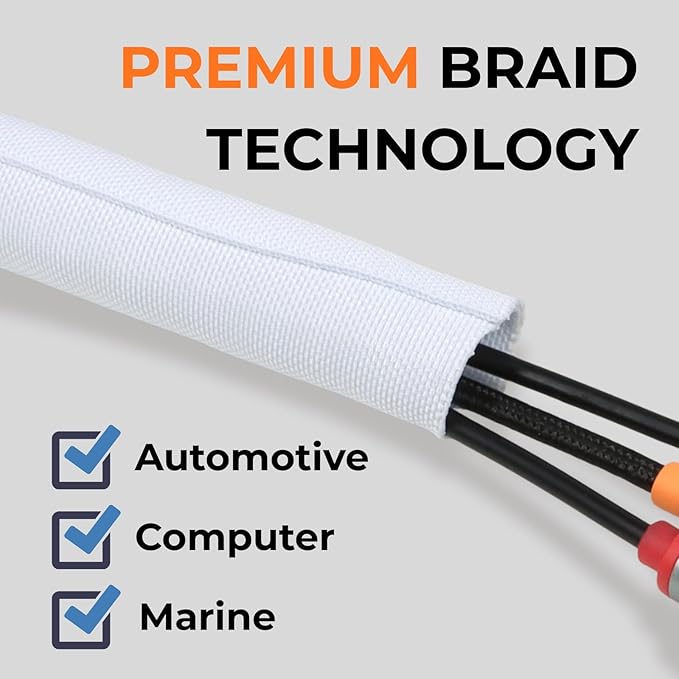 HOLED 1 inch Split Braided Cable Management Sleeve for USB Cable Power Cord Audio Video Cable, Wire Loom Cord Protector from Cat Dog Chewing (White, 25FT)