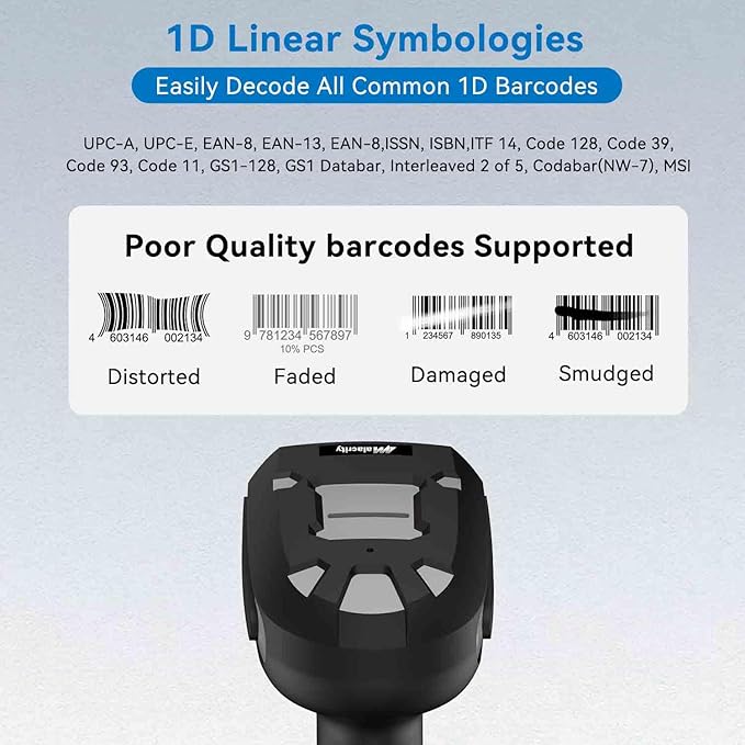 Alacrity Upgraded 1D Laser Industrial Barcode Scanner with Wireless Charging Stand, Bluetooth & 1968 Feet Transmission Distance 433Mhz Wireless 2in1 Barcode Reader, Shock Dust Proof Hands Free, Grey