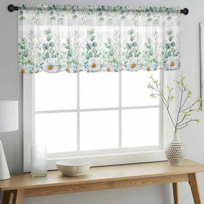 Eucalyptus Leaves Daisy Sheer Valance Curtains, Summer Farmhouses Gray Plaid - Image 3