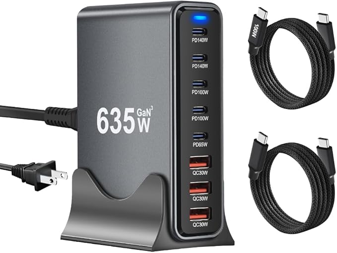 SquareWiz 635W GaN Super Fast Charging Station,8 Port USB C Charger Block for iPhone,iPad,MacBook Air Pro,Tablets,Android Phone,Multiple Port PD QC3.0 USB Type C Fast Charging Adapter Desktop Dock