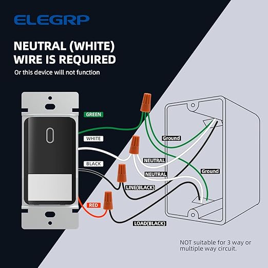ELEGRP Matte Black Single Pole Occupancy Motion Sensor Light Switch, Need Neutral Wire, 120° Sensor Coverage PIR Infrared Motion Activated, for CFL/LED/MLV/INC/HAL/Fan, UL,1 Pack