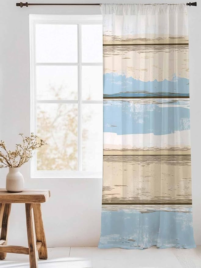 Sheer Curtains 108 Inches Long, Vintage Geometric Blue Semi Sheer Curtains - Image 3