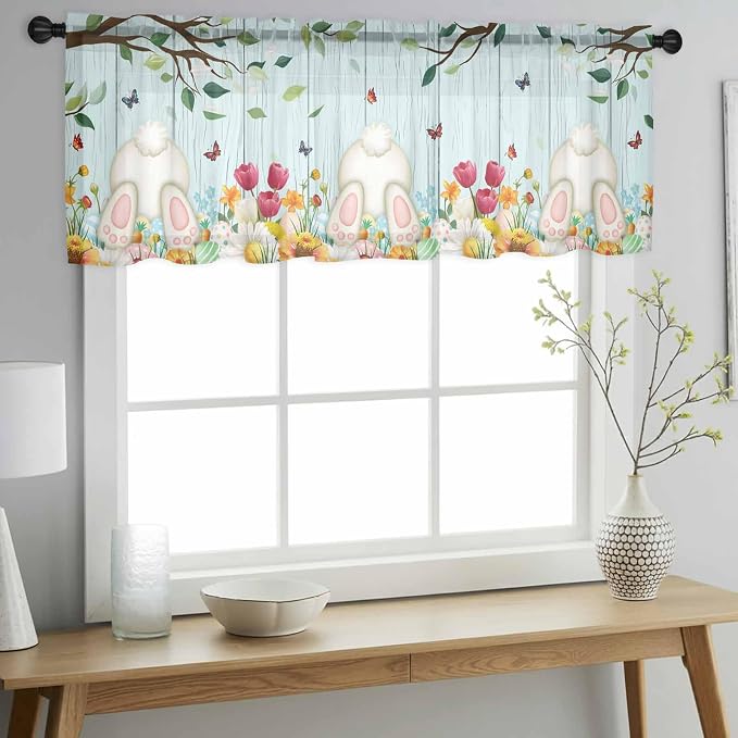 Easter Sheer Valances for Windows 60"x18", Light Filtering Kitchen Curtains - Image 2