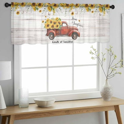 Farmhouses Sunflowers Sheer Valance Curtains, Retro Floral Leaves Red Truck - Image 3