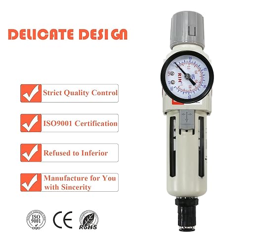 RIH 3/8"NPT Auto Drain Air Filter Pressure Regulator Combo Piggyback, 5 Micron - Image 4