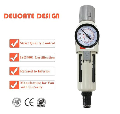RIH 3/8"NPT Auto Drain Air Filter Pressure Regulator Combo Piggyback, 5 Micron - Image 4