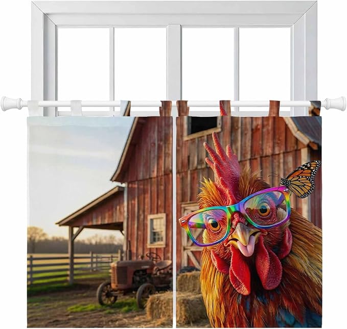 Farm Rooster Kitchen Curtains 45 Inch Length, Short Cafe Window Curtains Tab Top by Unknown