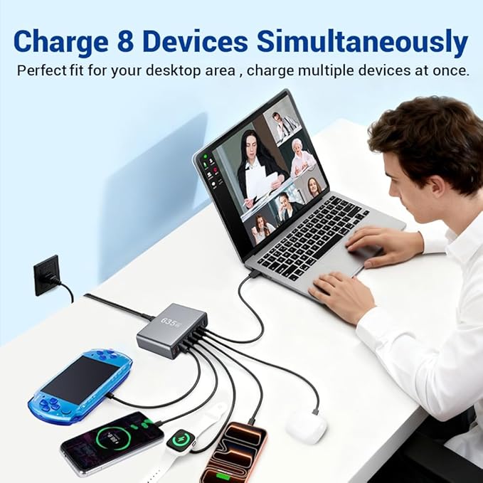 SquareWiz 635W GaN Super Fast Charging Station,8 Port USB C Charger Block for iPhone,iPad,MacBook Air Pro,Tablets,Android Phone,Multiple Port PD QC3.0 USB Type C Fast Charging Adapter Desktop Dock
