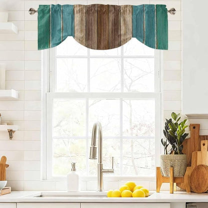 Teal Blue Brown Tie Up Valance Curtains - Image 9