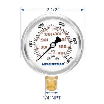 MEASUREMAN 2-1/2" Dial Size, Glycerin Filled Pressure Gauge, 0-10000psi/kpa - Image 7