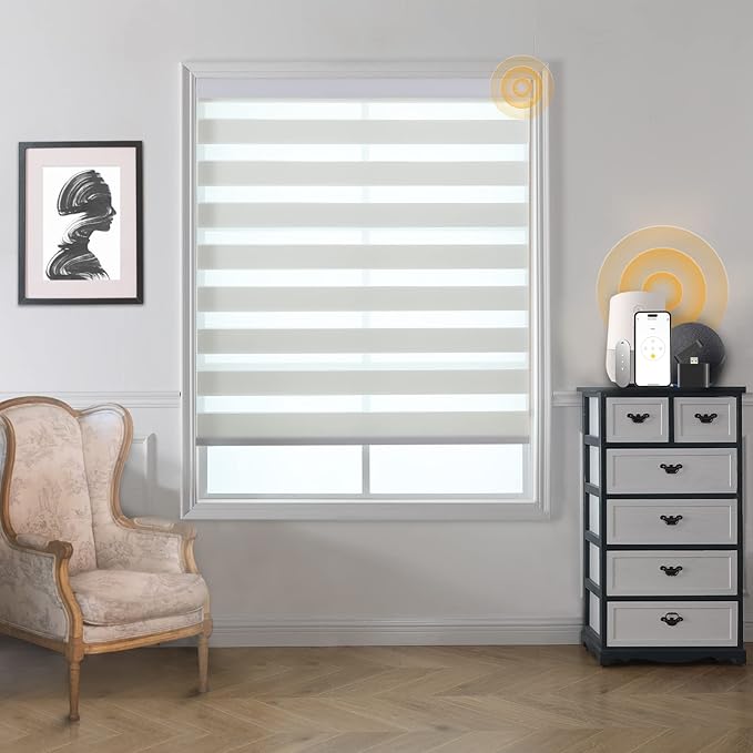 MUSCLEAREA Motorized Blinds with Remote, Cordless Automatic Zebra Shades, Smart Blind for Windows, White, 23 x 72
