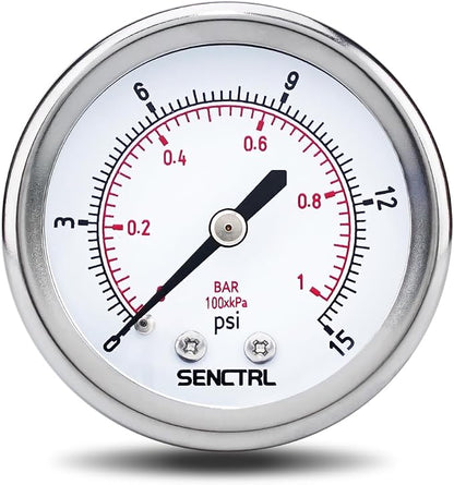 SENCTRL 0-15 Psi Low Pressure Gauge, 1/4 NPT Back Mount, Waterproof, Stainless by senctrl
