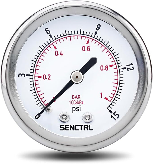 SENCTRL 0-15 Psi Low Pressure Gauge, 1/4 NPT Back Mount, Waterproof, Stainless by senctrl