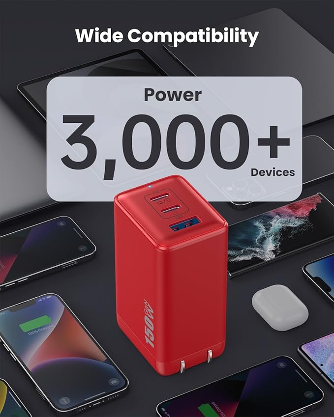 150W USB C Charger Block,GaN III Compact Foldable Wall Charger 3 Port Fast Charging Station,PD QC PPS Portable USB C Hub 100W Laptop Adapter for MacBook Pro/Air,iPad,iPhone 17/Pro,Galaxy S24,Dell etc
