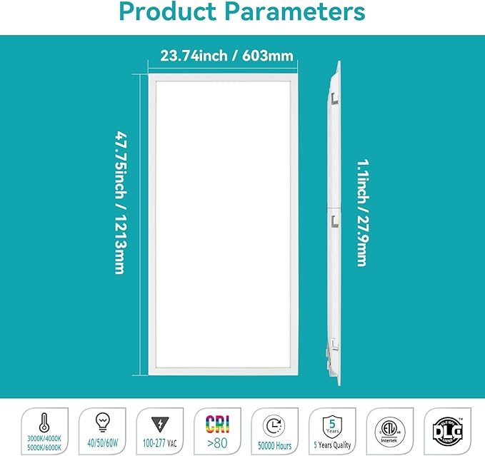 VocgoUU 2x4 LED Flat Panel Light – 12 Pack, 3 Wattage 40W/50W/60W & 4 CCT 3K/4K/5K/6K Selectable, 0-10V Dimmable, 6600LM, Drop Ceiling Troffer, ETL Listed, 100-277V Commercial Light