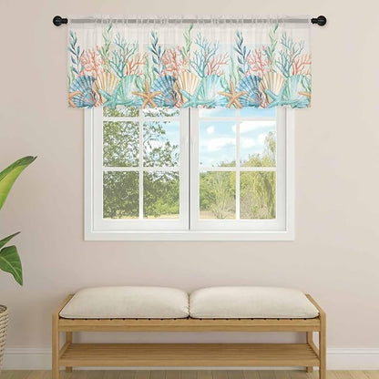 Summer Beach Sheer Valance Curtains, Ocean Colorful Coral Shell Seaweed - Image 4