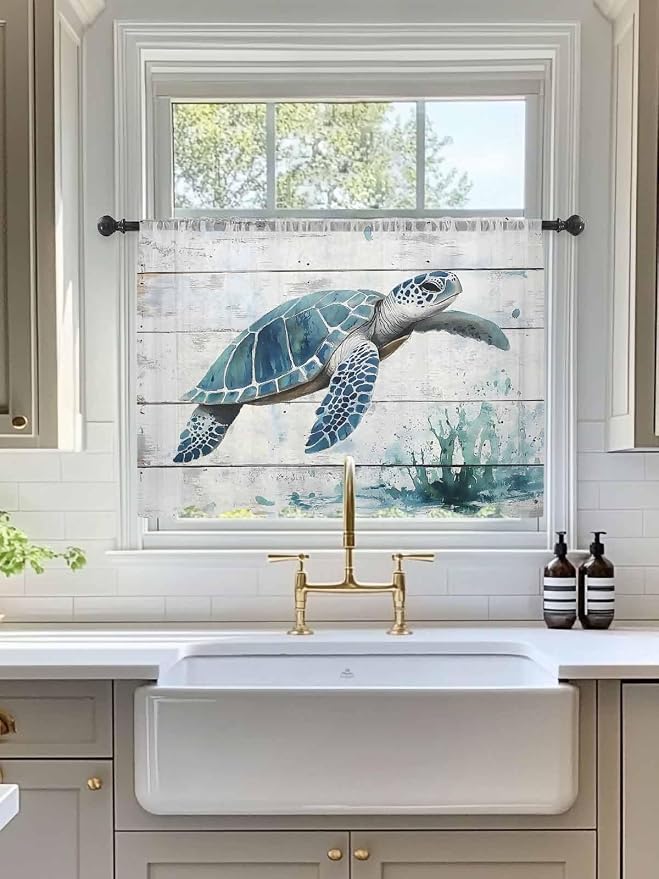 Sheer Curtains 54 Inch Length, Teal Green Sea Turtle Semi Sheer Curtains Light - Image 3
