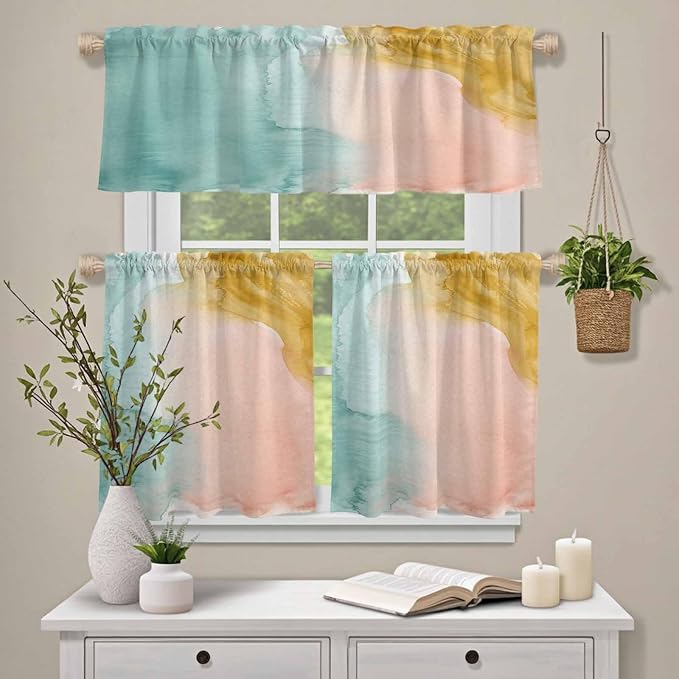 Kitchen Window Curtains Valance and Tier Set, Abstract Desert Mountains Rod - Image 4