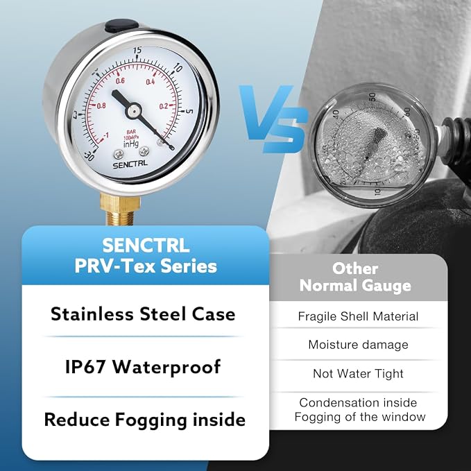 SENCTRL 30inHg Vacuum Pressure Gauge, 1/8 NPT Lower Mount, Waterproof, - Image 3
