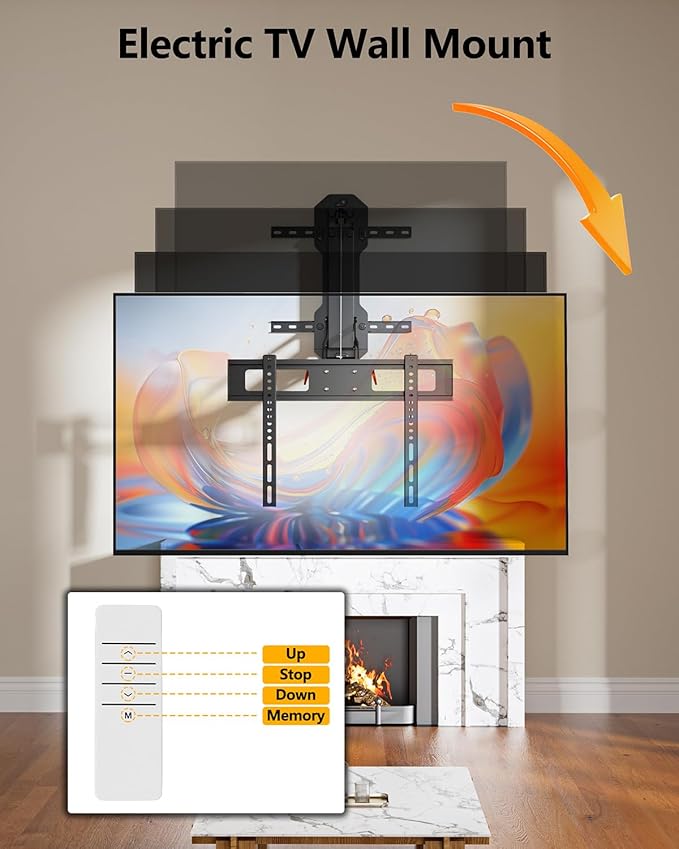 FORGING MOUNT Motorized Fireplace Pull Down TV Mount with Remote for 32-85" TVs, Electric Above Fireplace TV Wall Mount with Height Adjustable, Swivel,Tilt, Holds 88 lbs Max VESA 600x400