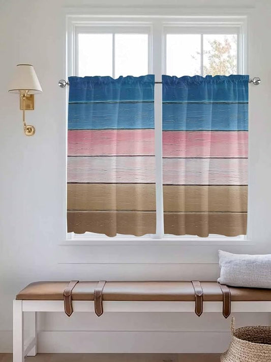 Blue Pink Brown Gradient Wood Grain Window Valance Curtains, Vintage Wood Board by IDOWMAT
