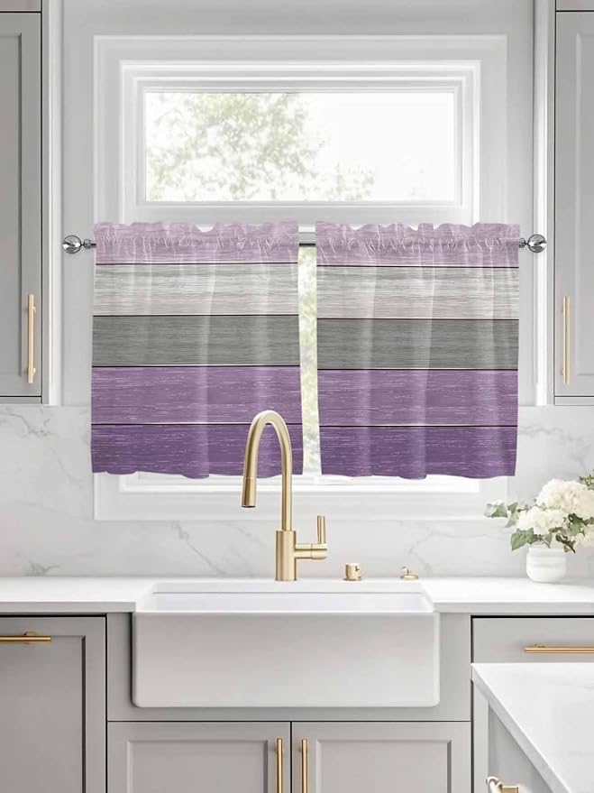 Country Wood Board Gray Purple Window Valance Curtains, Farmhouse Gradient - Image 2