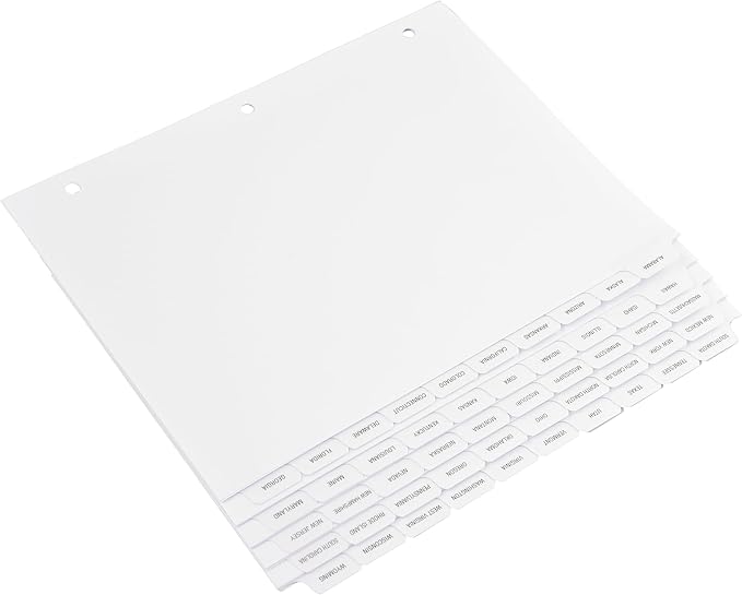 Exhibitindexes® State Divider Tabs/Indexes 3 Hole Punched