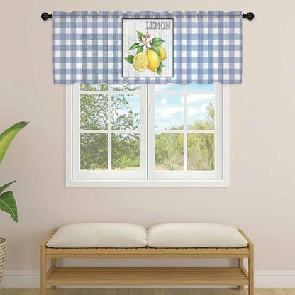Lemon Sheer Valance Curtains, Summer Fruit Floral Wood Grain Blue Plaid Light - Image 4