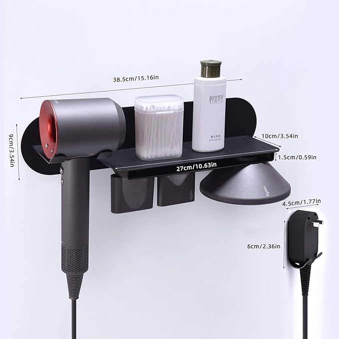 FLE Hair Dryer Holder Wall Mounted with Shelf - Hair Dryer Holder Rack Organizer Compatible for Dyson Supersonic Hair Dryer,Black