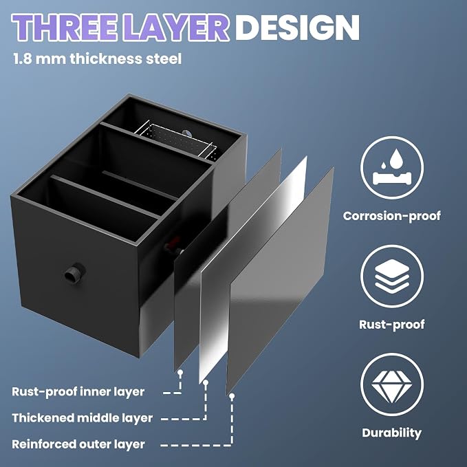 Grease Trap 40 LBS Commercial Carbon Steel Interceptor, 15 GPM Flow Rate Under - Image 6