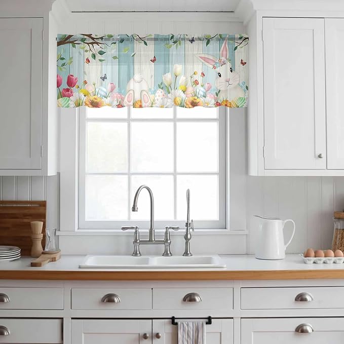 Easter Sheer Valances for Windows 42"x18", Light Filtering Kitchen Curtains - Image 3