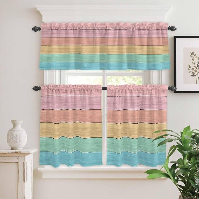 Kitchen Window Curtains Valance and Tier Set, Farm Colorful Wooden Plank Rod - Image 5