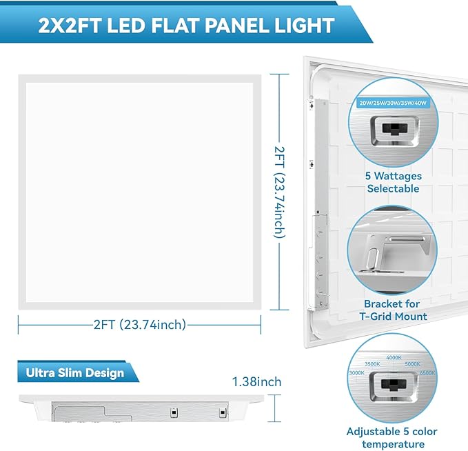 Msbfi 2x2 LED Flat Panel Light - 8 Pack Drop Office Ceiling Light 30-35-40W Adjustable, 130LM/W 3500K/4000K/5000K Selectable, 0-10V Dimmable, 100-277V for Office Ceiling Lighting Fixture ETL/DLC