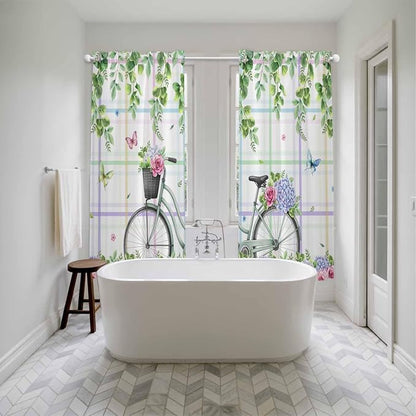 Spring Kitchen Curtains, Bicycles Botanical Leaves Rose Colorful Stripes Light - Image 5