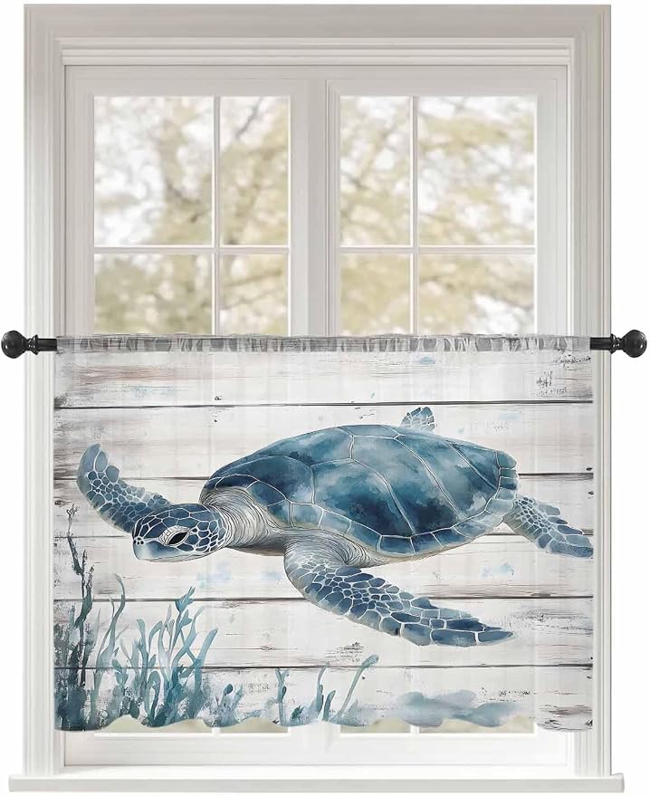 Sheer Curtains 54 Inch Length, Ocean Sea Turtle Semi Sheer Curtains Light by Unknown