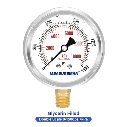 MEASUREMAN 2-1/2" Dial Size, Glycerin Filled Pressure Gauge, 0-1500psi/kpa - Image 3