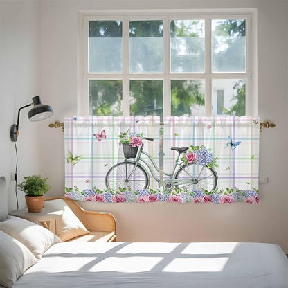 Spring Tier Curtains, Bicycles Botanical Leaves Rose Colorful Stripes Light - Image 4