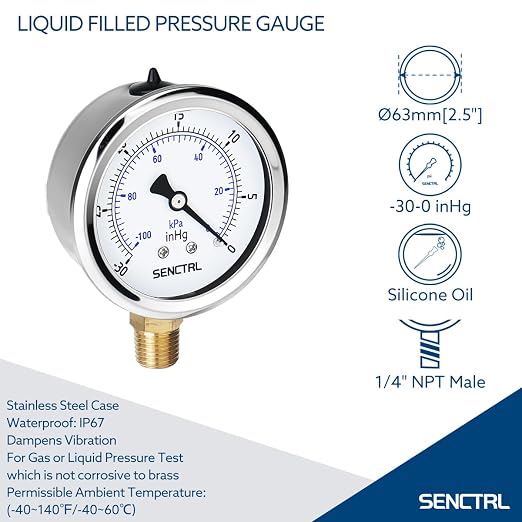 SENCTRL 30 inHg Vacuum Silicone Oil Liquid Filled Low Pressure Gauge, 2.5" Dial - Image 2