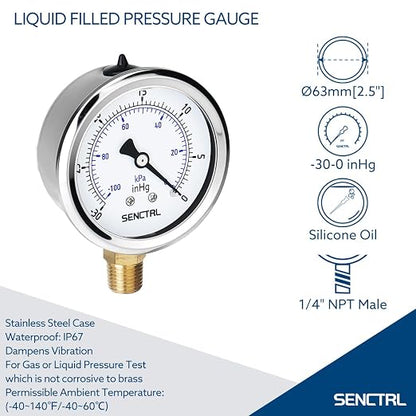 SENCTRL 30 inHg Vacuum Silicone Oil Liquid Filled Low Pressure Gauge, 2.5" Dial - Image 2