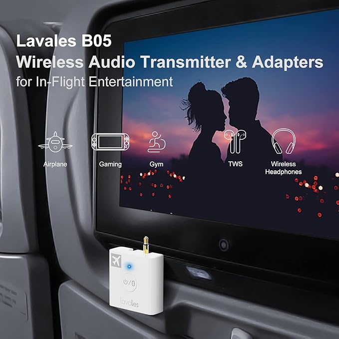 Bluetooth 5.3 Wireless Audio Transmitter, 3.5mm Jack, 32 Hours Battery Life, Dual Pairing, Low Latency, AptX Adaptive, Compatible with TVs, Speakers, Headphones