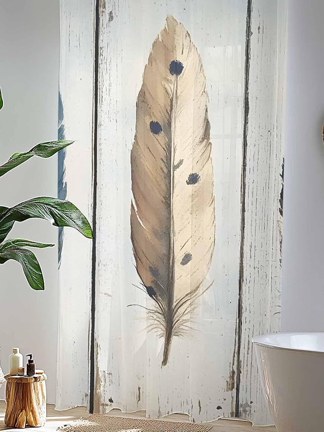 Sheer Curtains 108 Inches Long, Farmhouse Feather Semi Sheer Curtains Light - Image 4