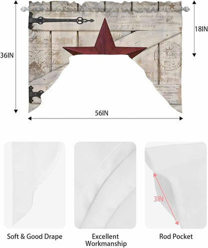 Village Stars Swag Kitchen Curtains Valance and Tier Set, Vintage Dark Red Star - Image 6