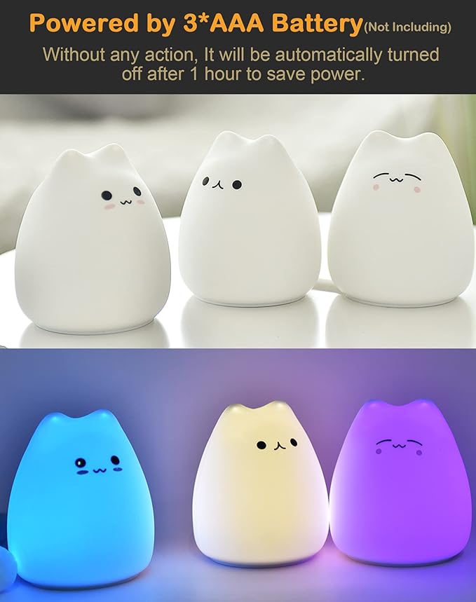 LED Cat Night Light, Battery Powered Night Light for Kids, Silicone Multicolor Cute Lamp with Warm White and 7-Color Breathing Mode, Christmas Gifts for Kids, Baby, Children, Lady (Cute Cat)