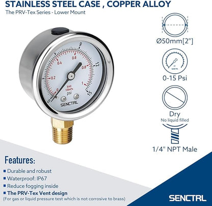 SENCTRL 0-15 Psi Low Pressure Gauge, 1/4 Npt Lower Mount, Waterproof, Stainless - Image 2