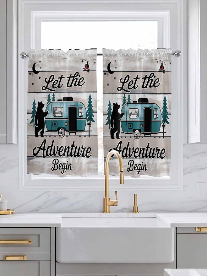 Farmhouse Bear Camper Van Tree Window Valance Curtains, Vintage Wood Grain - Image 2