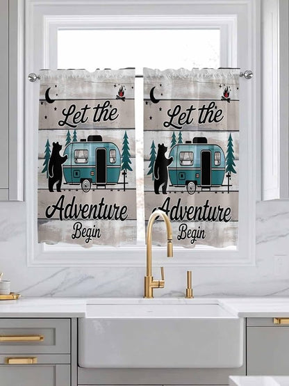 Farmhouse Bear Camper Van Tree Window Valance Curtains, Vintage Wood Grain by IDOWMAT