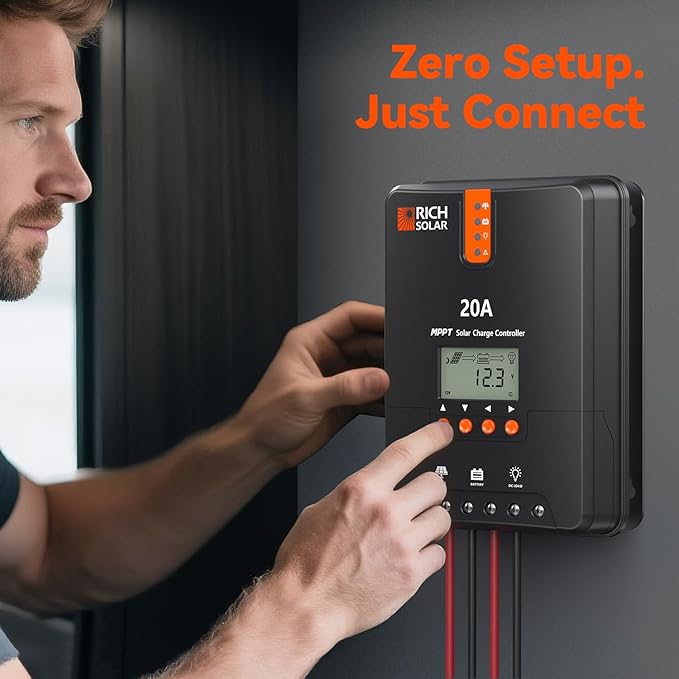 RICH SOLAR 20A MPPT Solar Charge Controller – High-Efficiency 12V/24V Auto Detection, 99% Tracking, Rugged Design for RVs, Boats & Off-Grid Systems